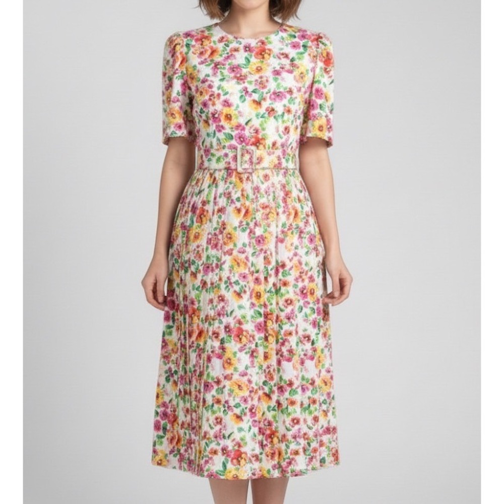Vtg Liz Roberts Silky GEORGETTE SHIRT DRESS Pleated Skirt Garden Party Floral 12